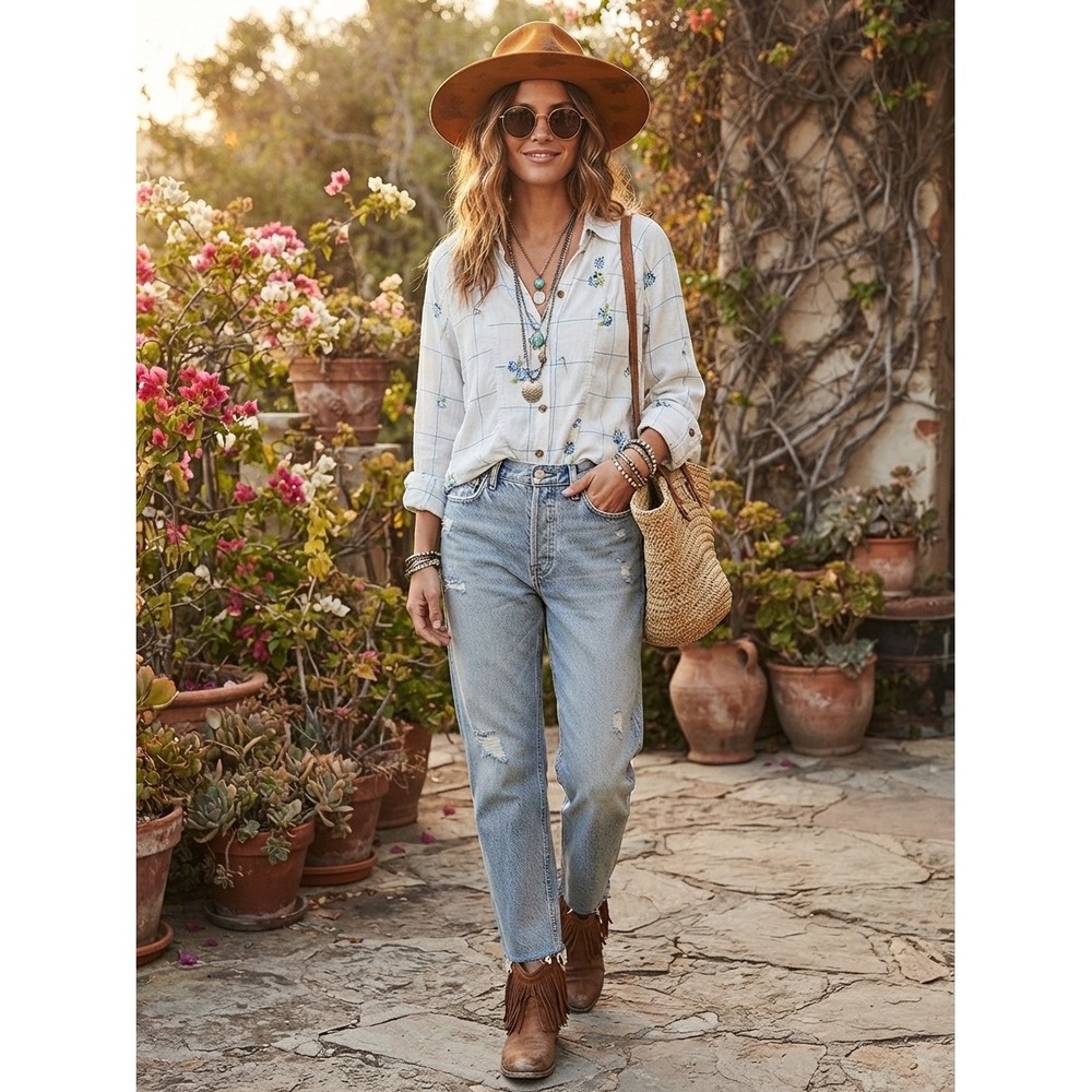 Free People Blue Floral Windowpane Button Down Shirt White Viscose Size M
